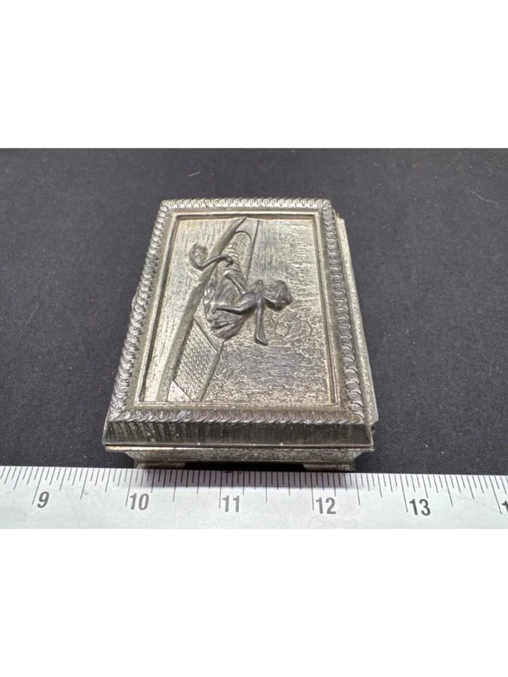 Vintage Silver-Plated Jewelry Trinket Box Embossed Lady & Swan Design Made In Ja